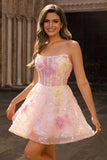Sparkly Pink Corset Floral A Line Short Homecoming Dress with Beading