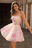 Sparkly Pink Corset Floral A Line Short Homecoming Dress with Beading