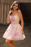 Sparkly Pink Corset Floral A Line Short Homecoming Dress with Beading
