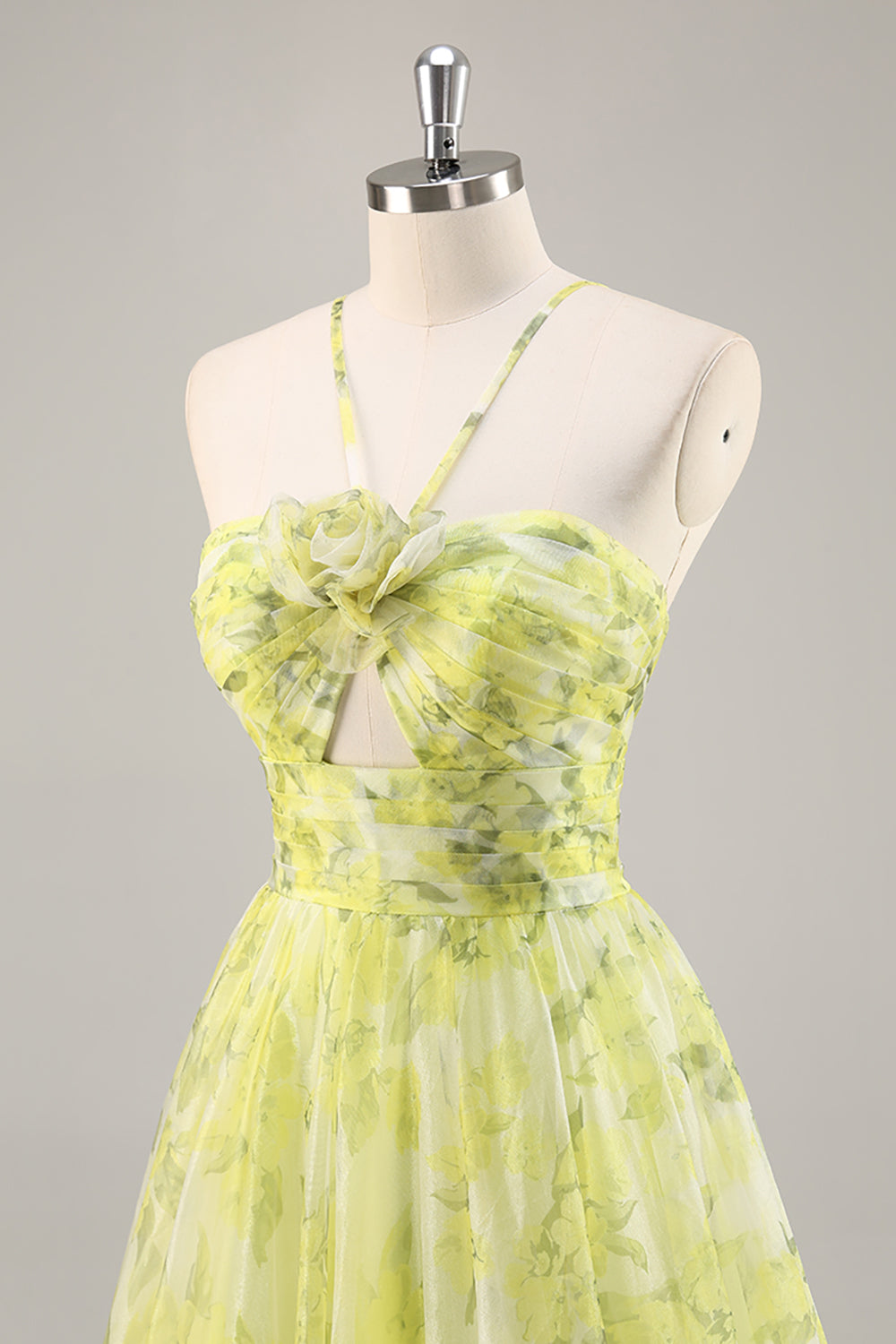 Yellow Green Floral Ruched Tulle Long Prom Dress with Keyhole