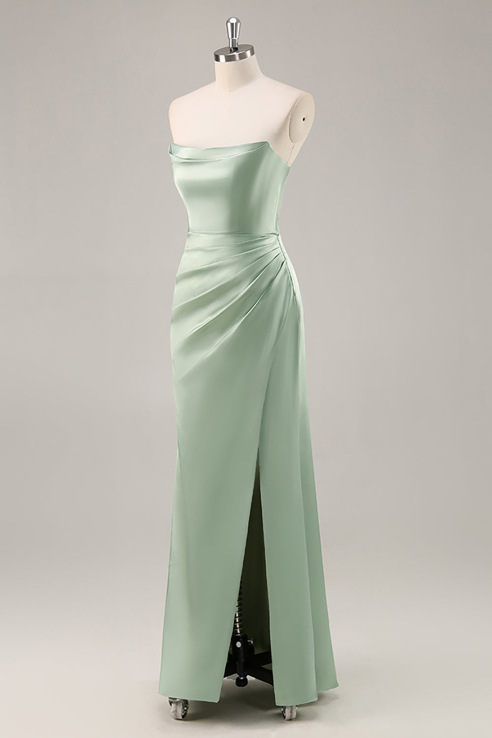 Zapakasa Women Sage Green Strapless Long Bridesmaid Dress with Slit Ruched Mermaid Satin Backless Wedding Guest Dress Zapakasa Women Sage Green Strapless Long Bridesmaid Dress with Slit Ruched Mermaid Satin Backless Wedding Guest Dress