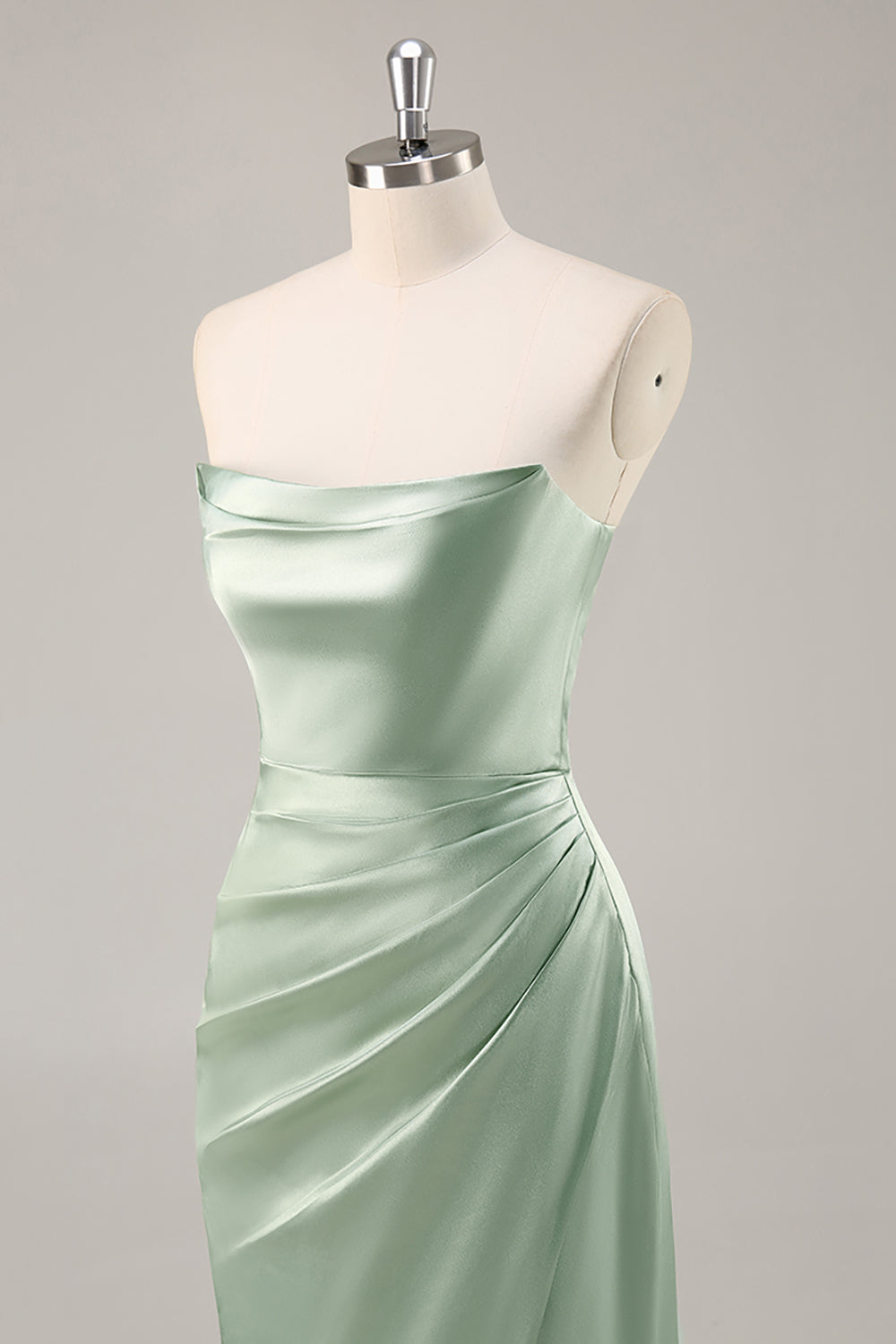 Zapakasa Women Sage Green Strapless Long Bridesmaid Dress with Slit Ruched Mermaid Satin Backless Wedding Guest Dress Zapakasa Women Sage Green Strapless Long Bridesmaid Dress with Slit Ruched Mermaid Satin Backless Wedding Guest Dress