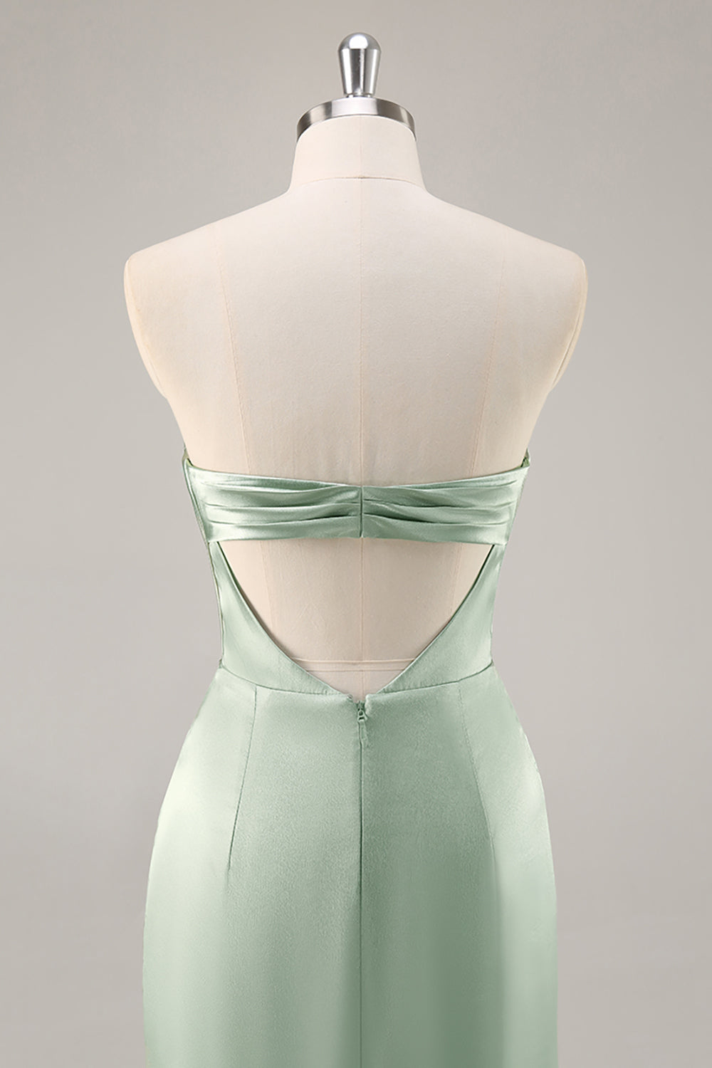 Zapakasa Women Sage Green Strapless Long Bridesmaid Dress with Slit Ruched Mermaid Satin Backless Wedding Guest Dress Zapakasa Women Sage Green Strapless Long Bridesmaid Dress with Slit Ruched Mermaid Satin Backless Wedding Guest Dress