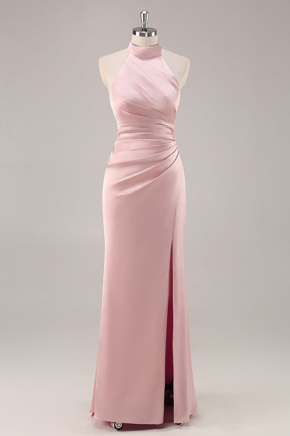 Zapaka Women Sage Green Bridesmaid Dress with Slit Halter Satin Sheath Ruched Long Wedding Guest Dress, Blush / US26W Zapaka Women Sage Green Bridesmaid Dress with Slit Halter Satin Sheath Ruched Long Wedding Guest Dress, Blush / US26W