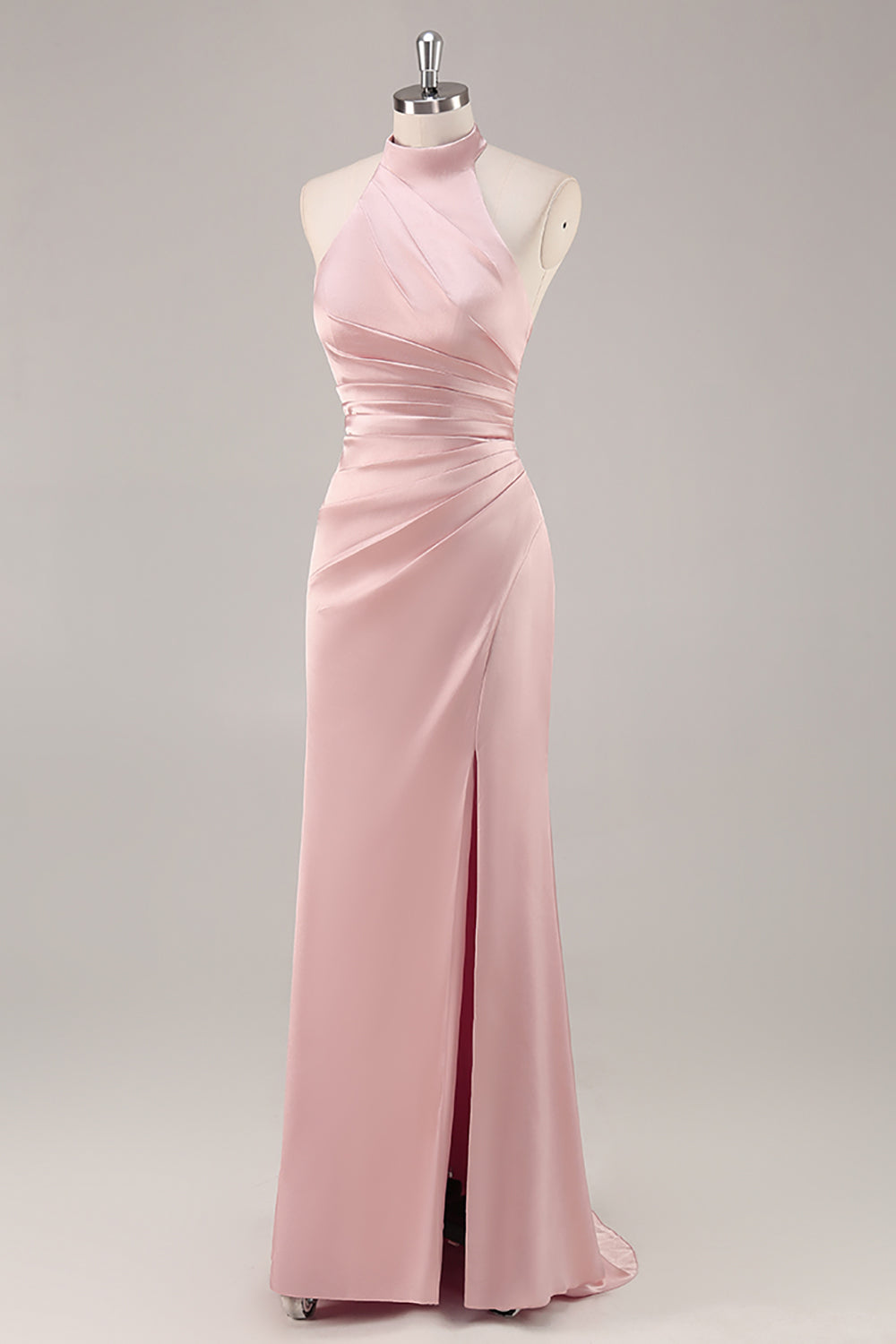 Zapakasa Women Sage Green Ruched Long Satin Bridesmaid Dress with Slit Halter Mermaid Backless Wedding Guest Dress Zapakasa Women Sage Green Ruched Long Satin Bridesmaid Dress with Slit Halter Mermaid Backless Wedding Guest Dress