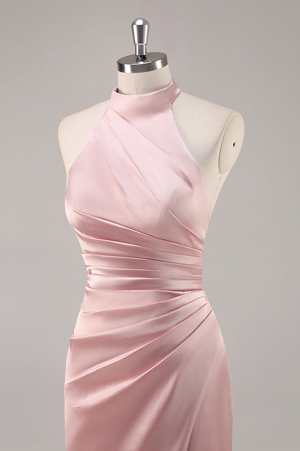 ZAPAKA Women Sage Green Bridesmaid Dress with Slit Halter Satin Sheath Ruched Long Wedding Guest Dress, Blush / US8