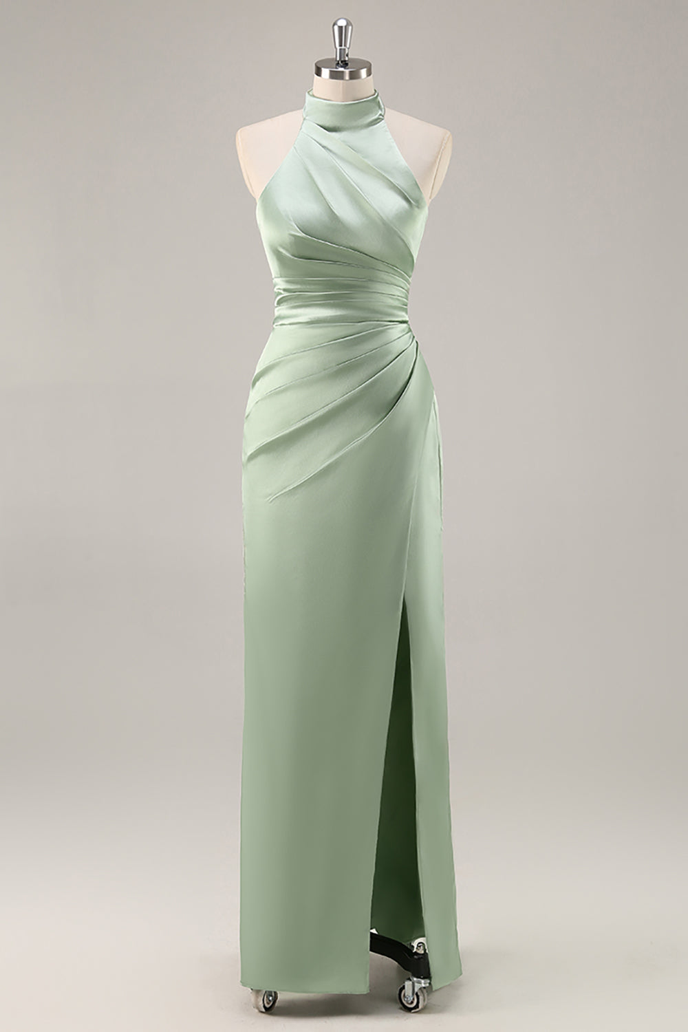 Zapaka Women Blush Bridesmaid Dress with Slit High Neck Satin Ruched Mermaid Backless Long Wedding Guest Dress, Sage / US26W