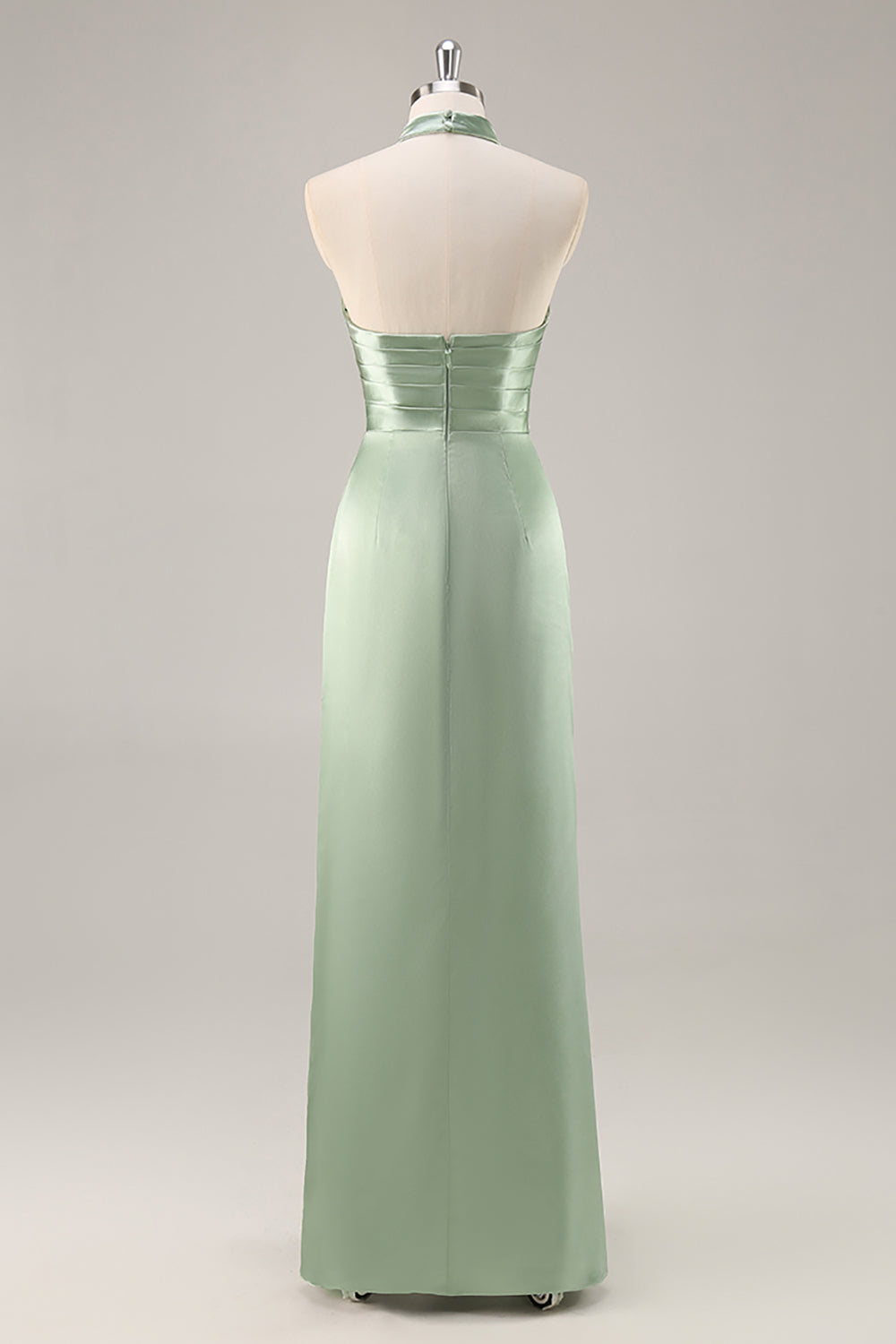 Zapakasa Women Sage Green Ruched Long Satin Bridesmaid Dress with Slit Halter Mermaid Backless Wedding Guest Dress Zapakasa Women Sage Green Ruched Long Satin Bridesmaid Dress with Slit Halter Mermaid Backless Wedding Guest Dress