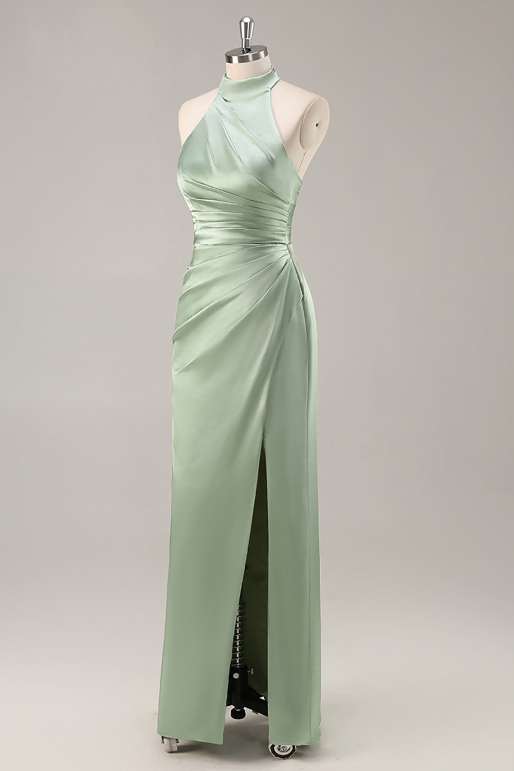 Zapaka Women Blush Bridesmaid Dress with Slit High Neck Satin Ruched Mermaid Backless Long Wedding Guest Dress, Sage / US12