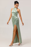 Sage Green Halter Mermaid Satin Long Bridesmaid Dress with Slit