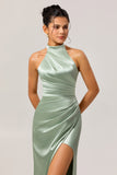 Sage Green Halter Mermaid Satin Long Bridesmaid Dress with Slit