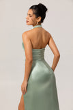 Sage Green Halter Mermaid Satin Long Bridesmaid Dress with Slit