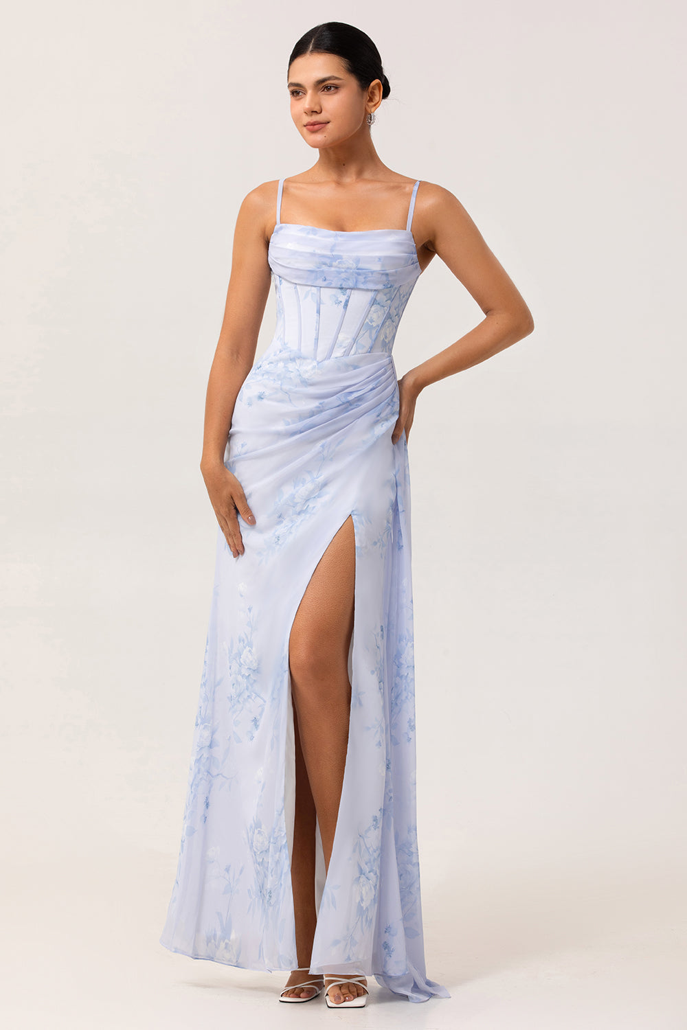 Blue Floral Ruched Corset Long Bridesmaid Dress with Slit