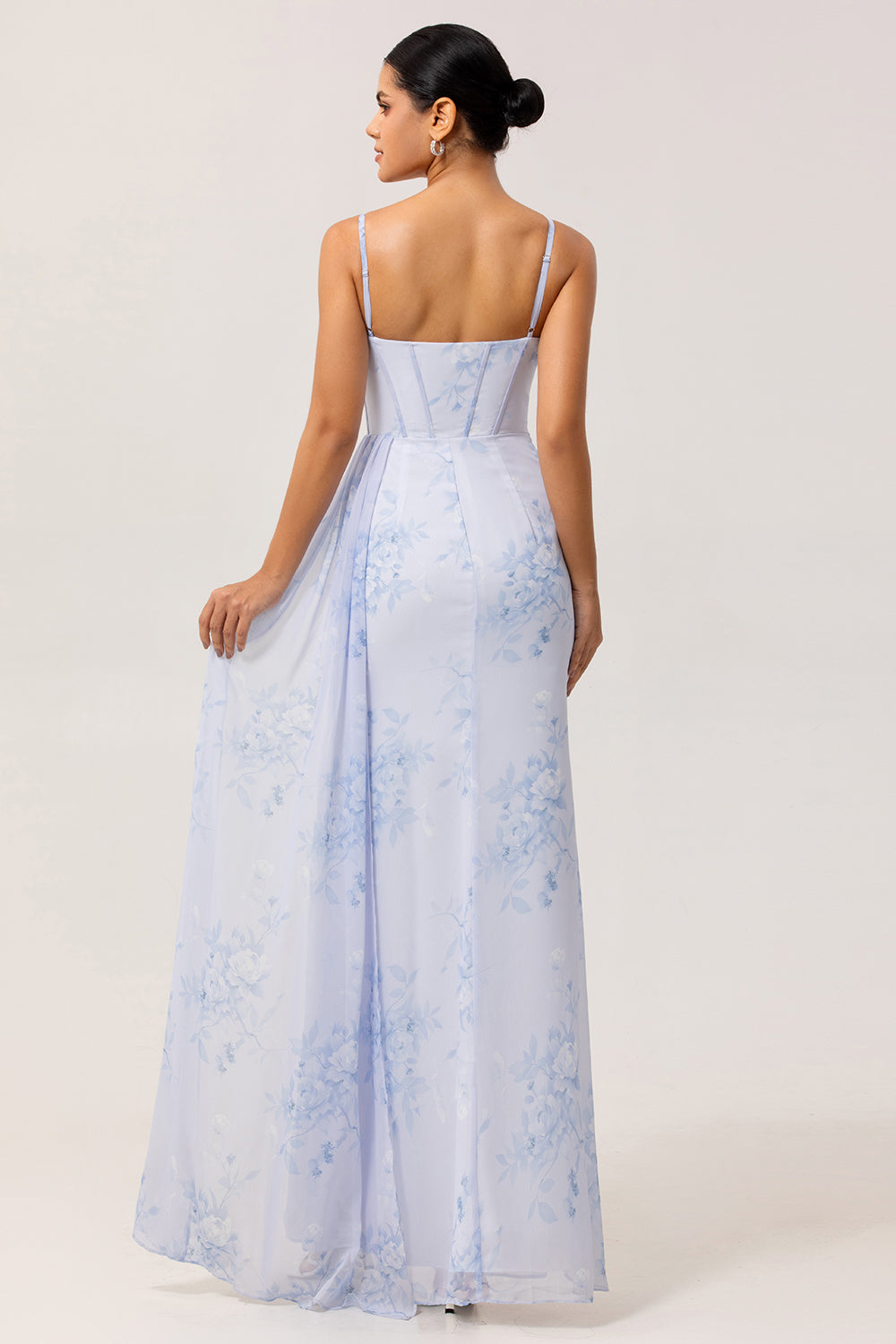 Blue Floral Ruched Corset Long Bridesmaid Dress with Slit