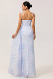 Blue Floral Ruched Corset Long Bridesmaid Dress with Slit