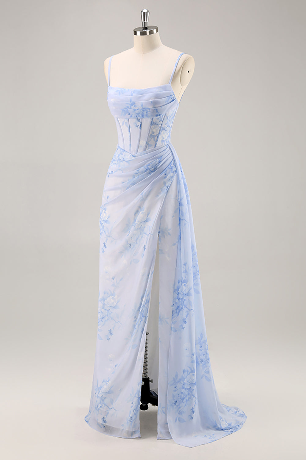 Zapaka Women Blue Floral Bridesmaid Dress Corset Mermaid Spaghetti Straps Ruched Chiffon Long Wedding Guest Dress with Slit, Blue flower / US16