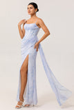 Blue Corset Floral Long Ruched Bridesmaid Dress with Slit