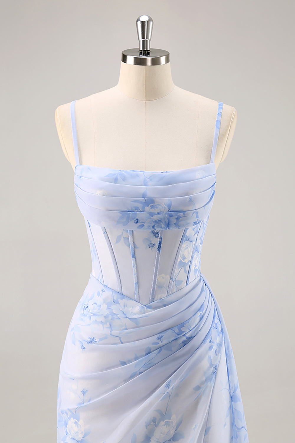 Zapakasa Women Blue Floral Corset Long Bridesmaid Dress with Slit Ruched Sheath Spaghetti Straps Chiffon Wedding Guest Dress with Side Cape Zapakasa Women Blue Floral Corset Long Bridesmaid Dress with Slit Ruched Sheath Spaghetti Straps Chiffon Wedding Guest Dress with Side Cape