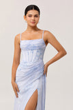 Blue Corset Floral Long Ruched Bridesmaid Dress with Slit