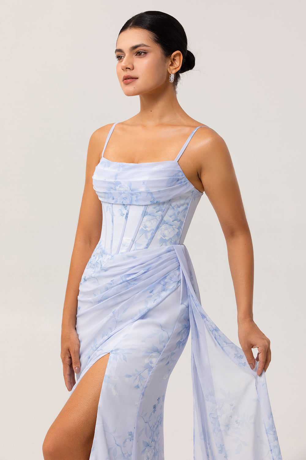 Blue Corset Floral Long Ruched Bridesmaid Dress with Slit