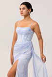 Blue Corset Floral Long Ruched Bridesmaid Dress with Slit