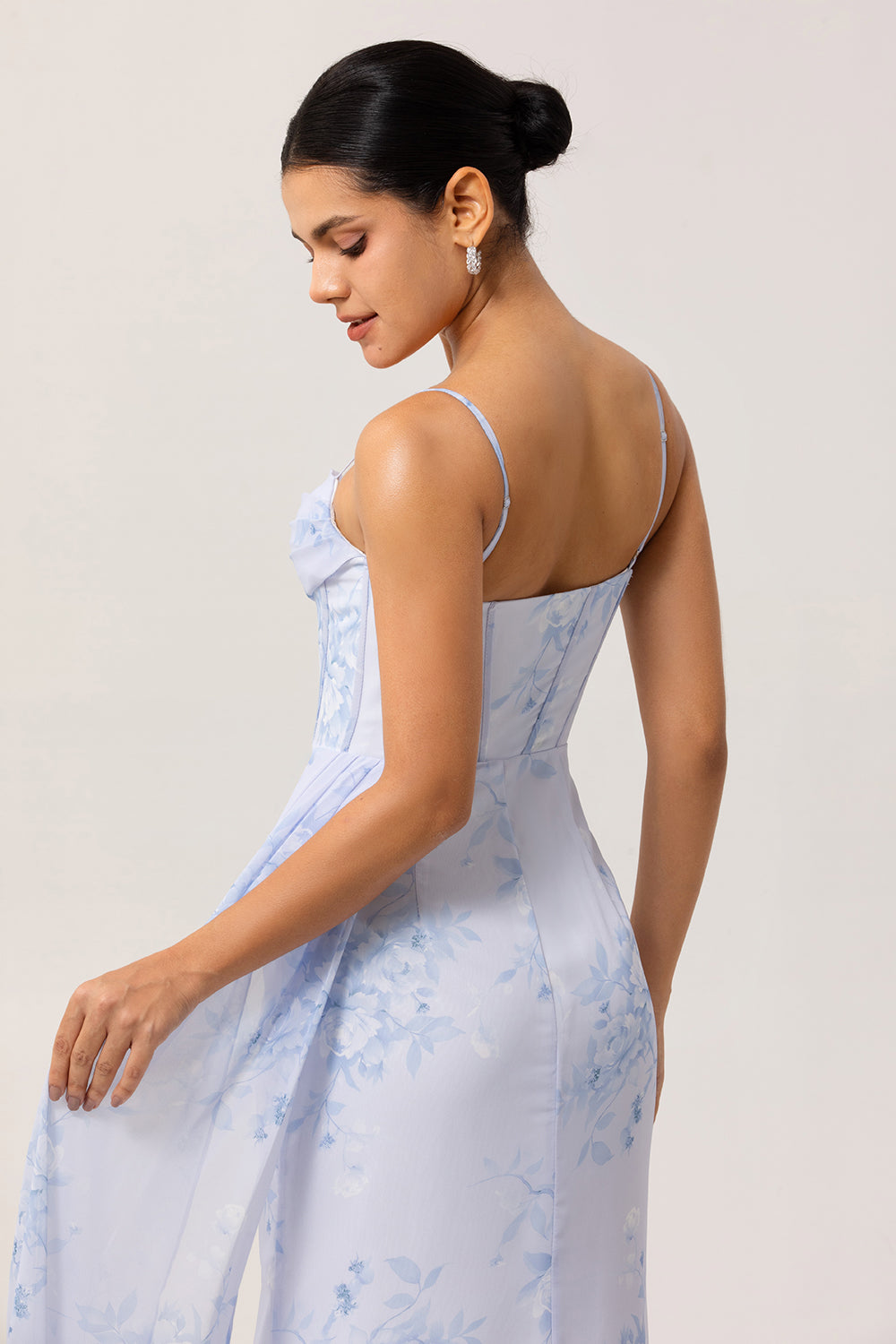 Blue Corset Floral Long Ruched Bridesmaid Dress with Slit