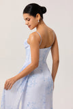 Blue Corset Floral Long Ruched Bridesmaid Dress with Slit