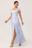 Blue Floral Chiffon Ruffled Scoop Neck Long Bridesmaid Dress with Slit