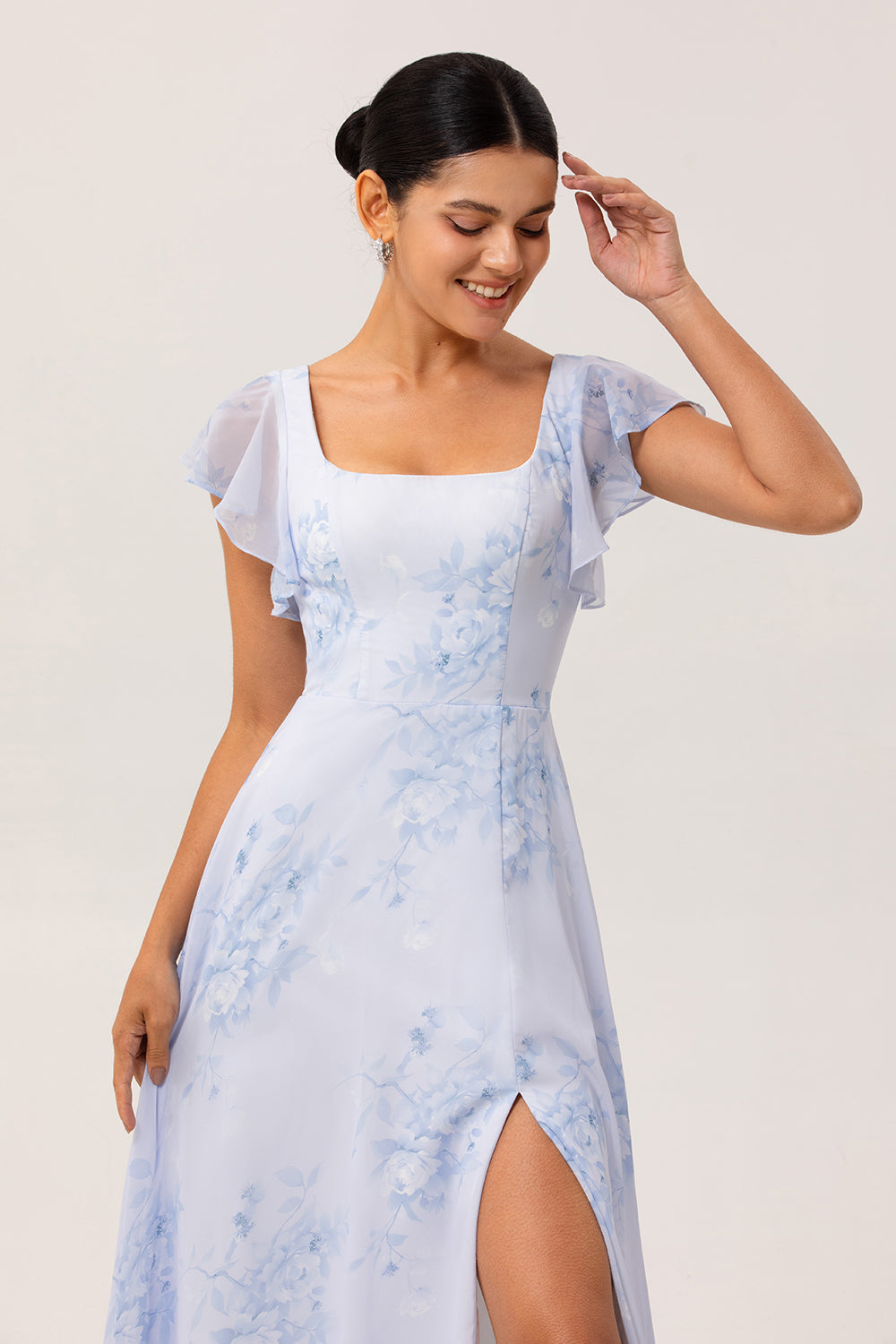 Blue Floral Chiffon Ruffled Scoop Neck Long Bridesmaid Dress with Slit
