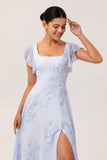 Blue Floral Chiffon Ruffled Scoop Neck Long Bridesmaid Dress with Slit