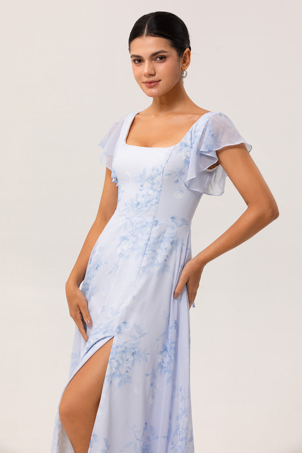 Blue Floral Chiffon Ruffled Scoop Neck Long Bridesmaid Dress with Slit