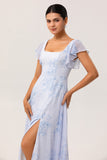 Blue Floral Chiffon Ruffled Scoop Neck Long Bridesmaid Dress with Slit