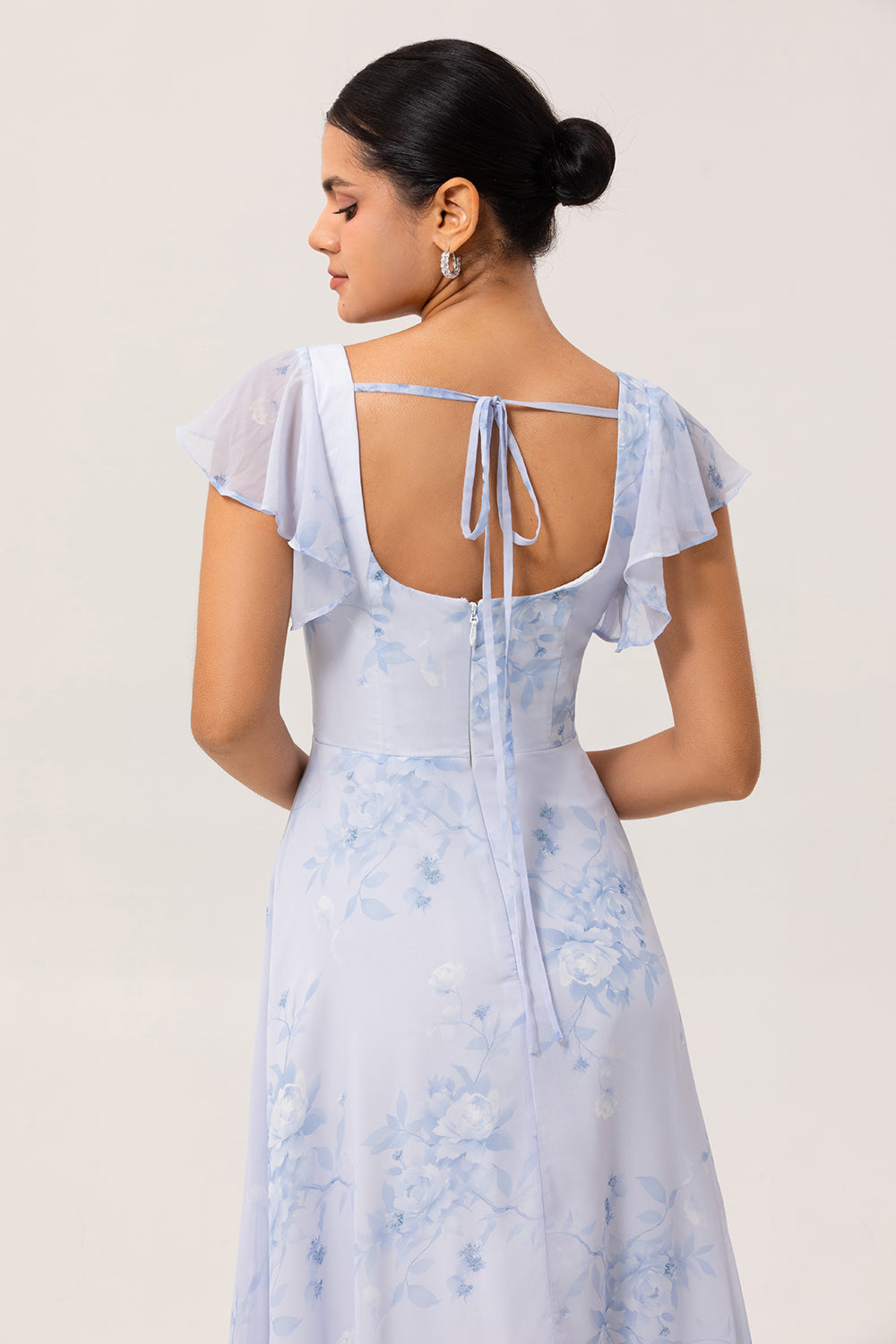 Blue Floral Chiffon Ruffled Scoop Neck Long Bridesmaid Dress with Slit