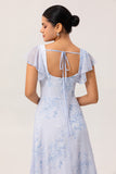 Blue Floral Chiffon Ruffled Scoop Neck Long Bridesmaid Dress with Slit