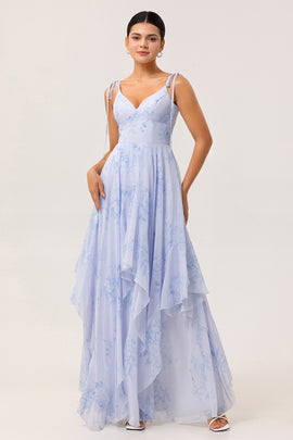 Blue Floral Ruffled Spaghetti Straps Long Chiffon Bridesmaid Dress