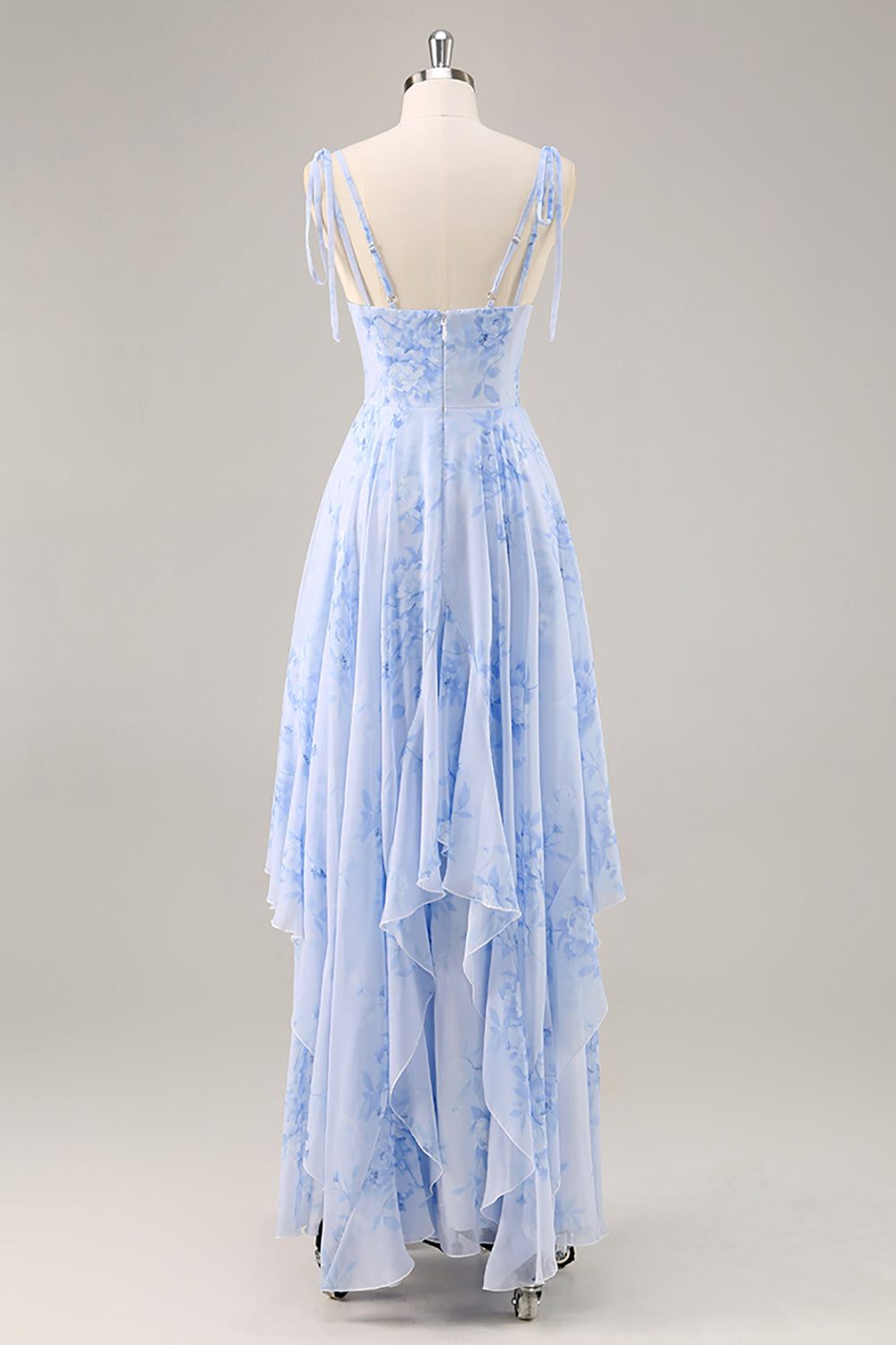 Blue Floral Chiffon Spaghetti Straps Long Bridesmaid Dress with Ruffles