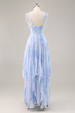 Blue Floral Chiffon Spaghetti Straps Long Bridesmaid Dress with Ruffles