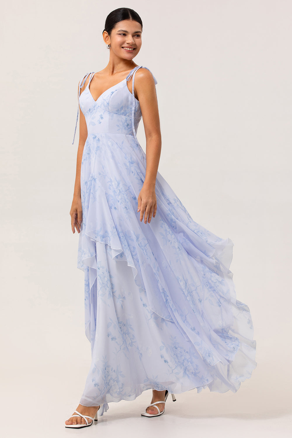 Blue Floral Ruffled Spaghetti Straps Long Chiffon Bridesmaid Dress