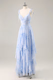 Blue Floral Chiffon Spaghetti Straps Long Bridesmaid Dress with Ruffles