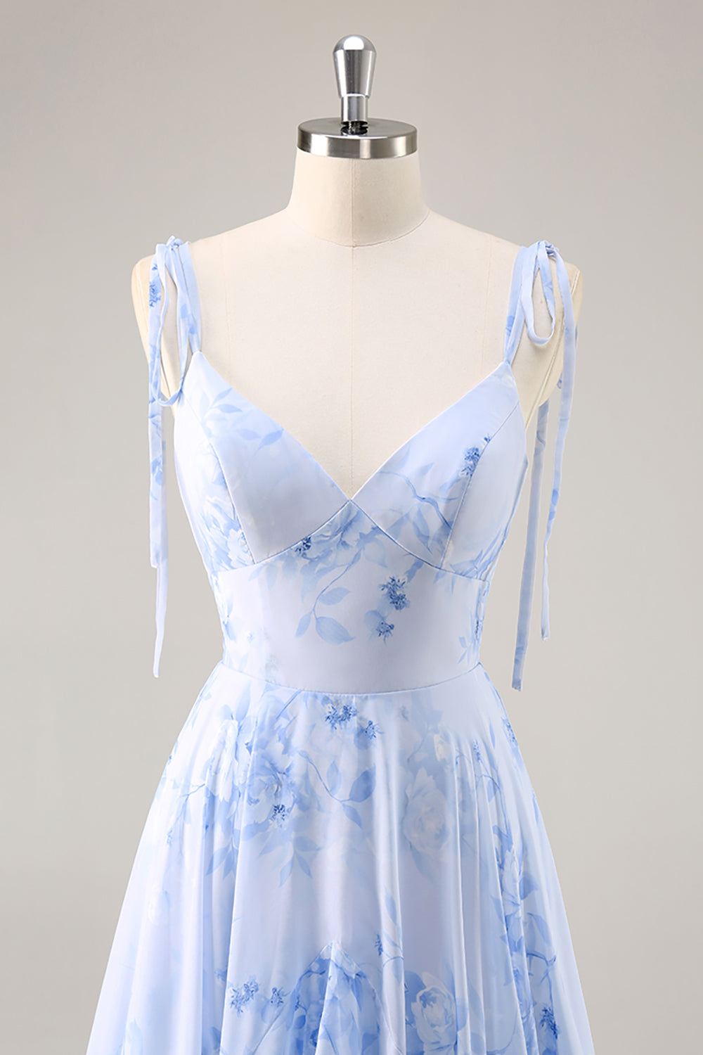 Blue Floral Chiffon Spaghetti Straps Long Bridesmaid Dress with Ruffles