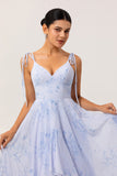Blue Floral Ruffled Spaghetti Straps Long Chiffon Bridesmaid Dress