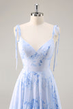 Blue Floral Chiffon Spaghetti Straps Long Bridesmaid Dress with Ruffles