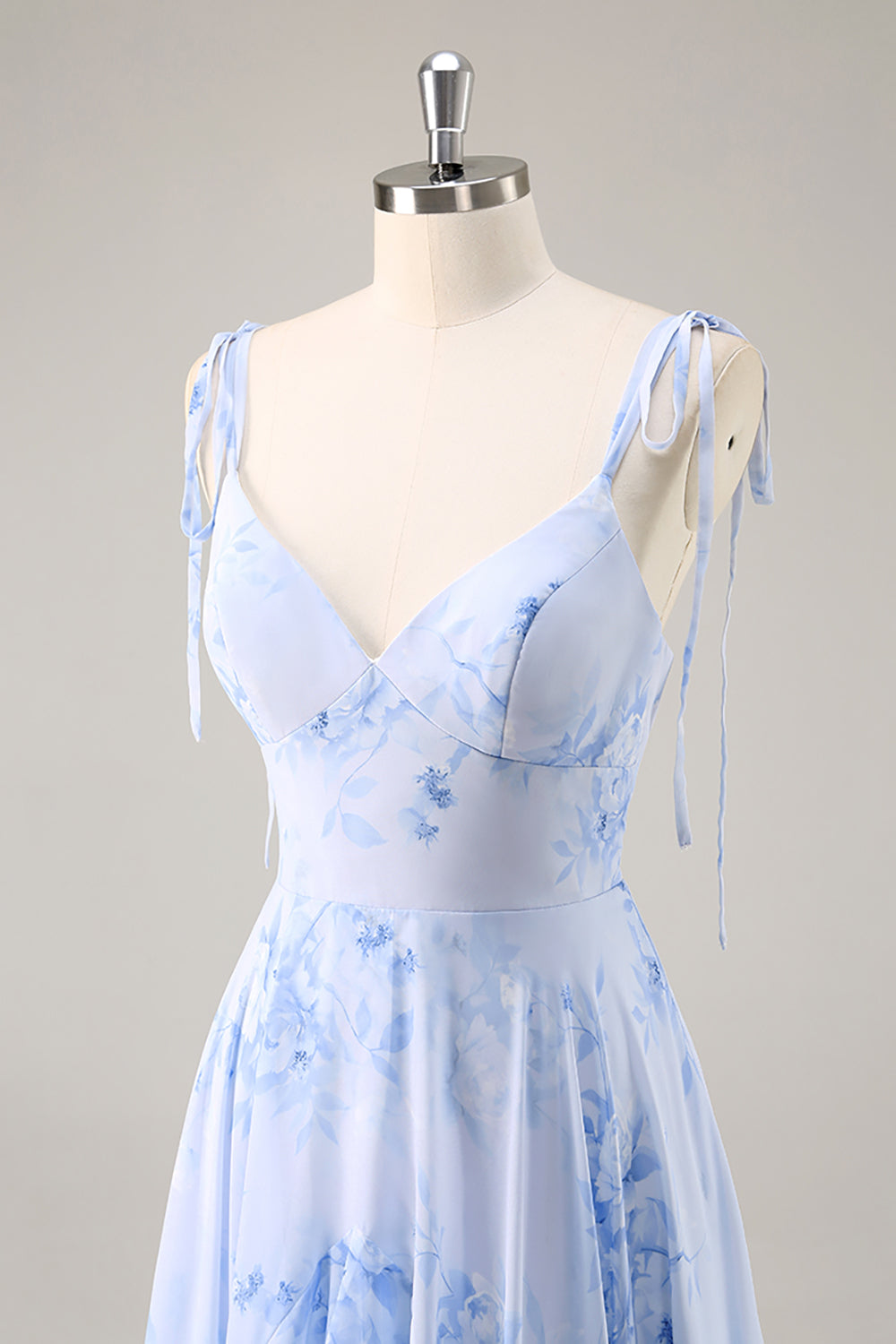 Blue Floral Chiffon Spaghetti Straps Long Bridesmaid Dress with Ruffles