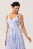 Blue Floral Ruffled Spaghetti Straps Long Chiffon Bridesmaid Dress