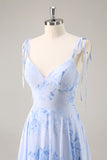 Blue Floral Chiffon Spaghetti Straps Long Bridesmaid Dress with Ruffles