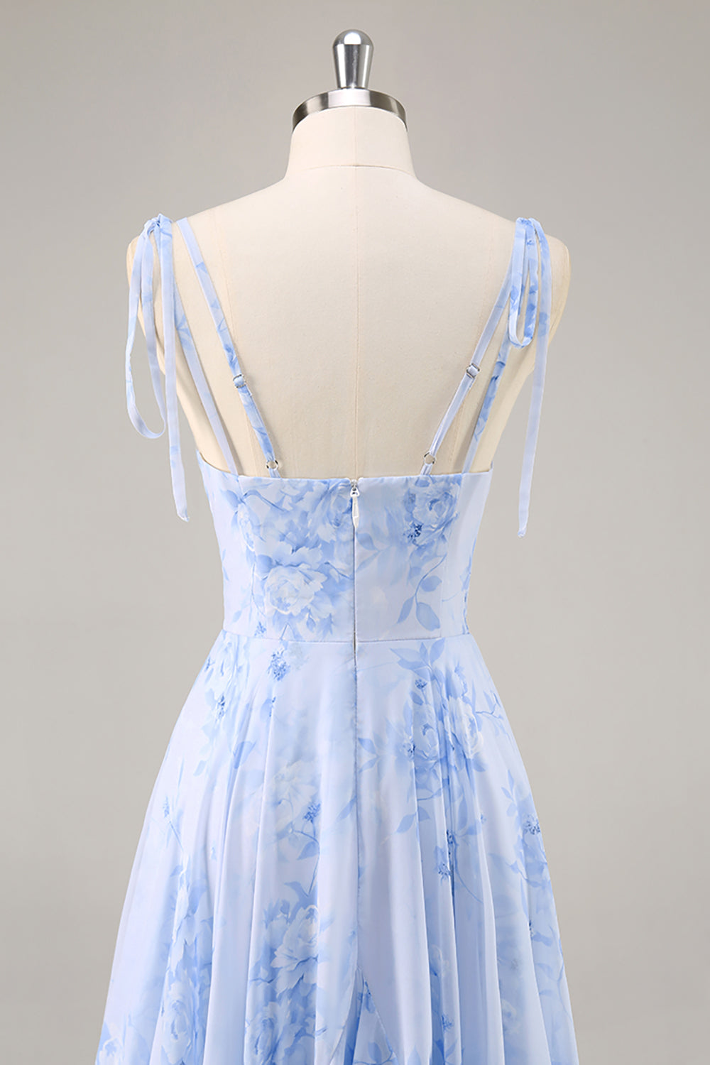 Blue Floral Chiffon Spaghetti Straps Long Bridesmaid Dress with Ruffles