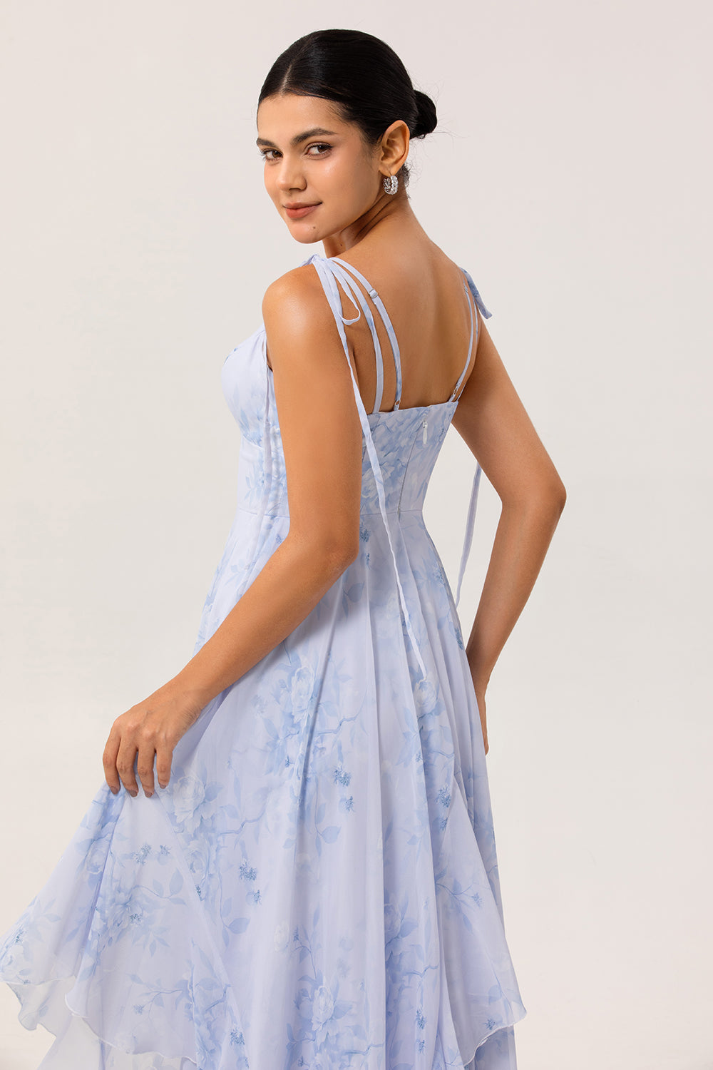 Blue Floral Ruffled Spaghetti Straps Long Chiffon Bridesmaid Dress