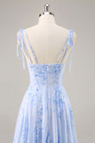Blue Floral Chiffon Spaghetti Straps Long Bridesmaid Dress with Ruffles