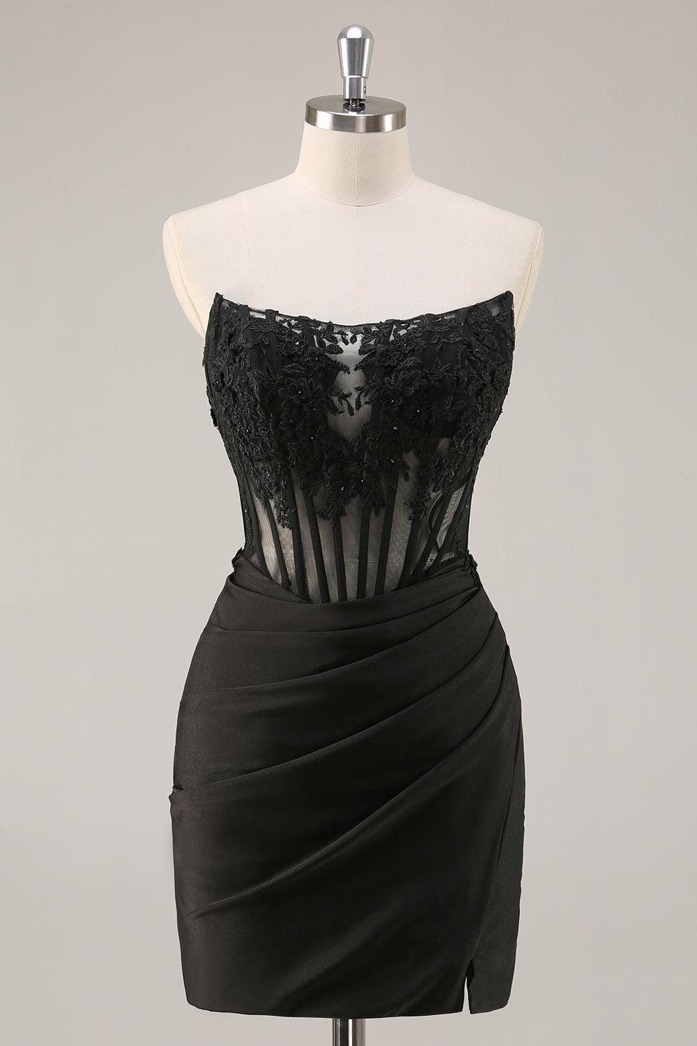 Zapakasa Women Black Corset Short Satin Homecoming Dress with Lace