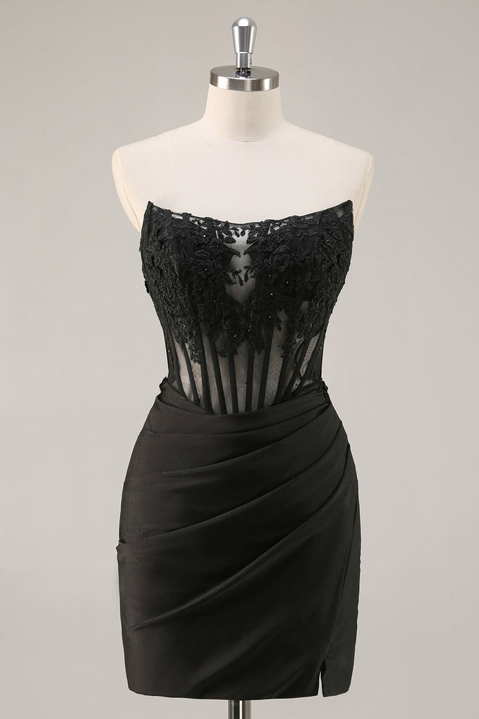 Zapakasa Women Black Corset Short Satin Homecoming Dress with Lace